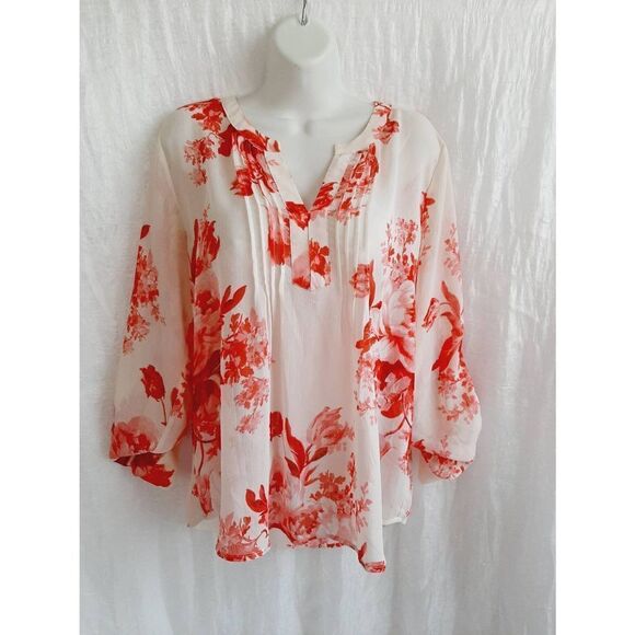 Creative commune sheer red white floral sz large pintuck blouse - Picture 1 of 4